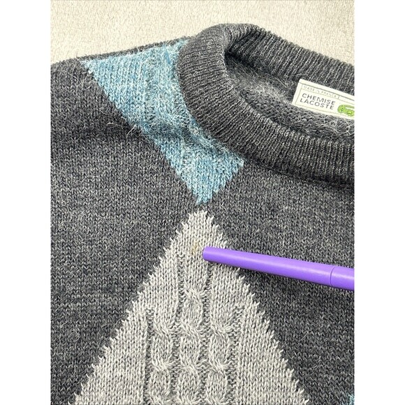 Chemise Lacoste Argyle Pullover Sweater Sz 4 Gray Blue Alpaca Blend Crewneck - Picture 6 of 6